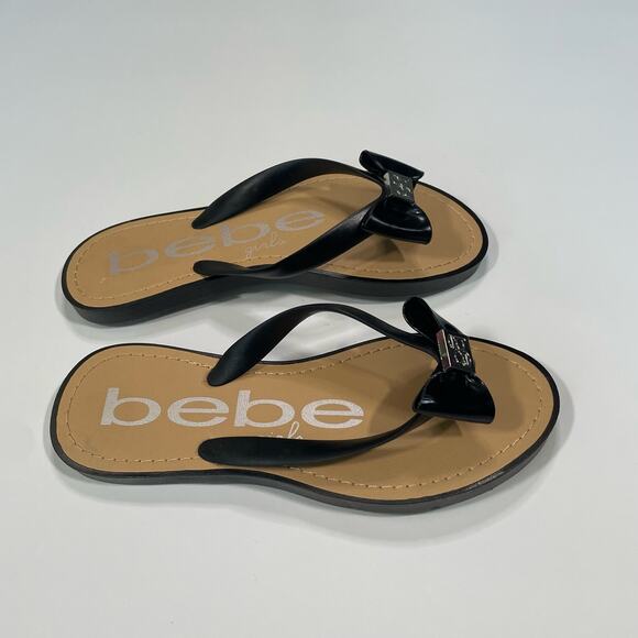 🛍️4 for $20🛍️ Bebe Girls Size 5 Bow Flip Flops Sandals Shoes Black Silver - Picture 4 of 7